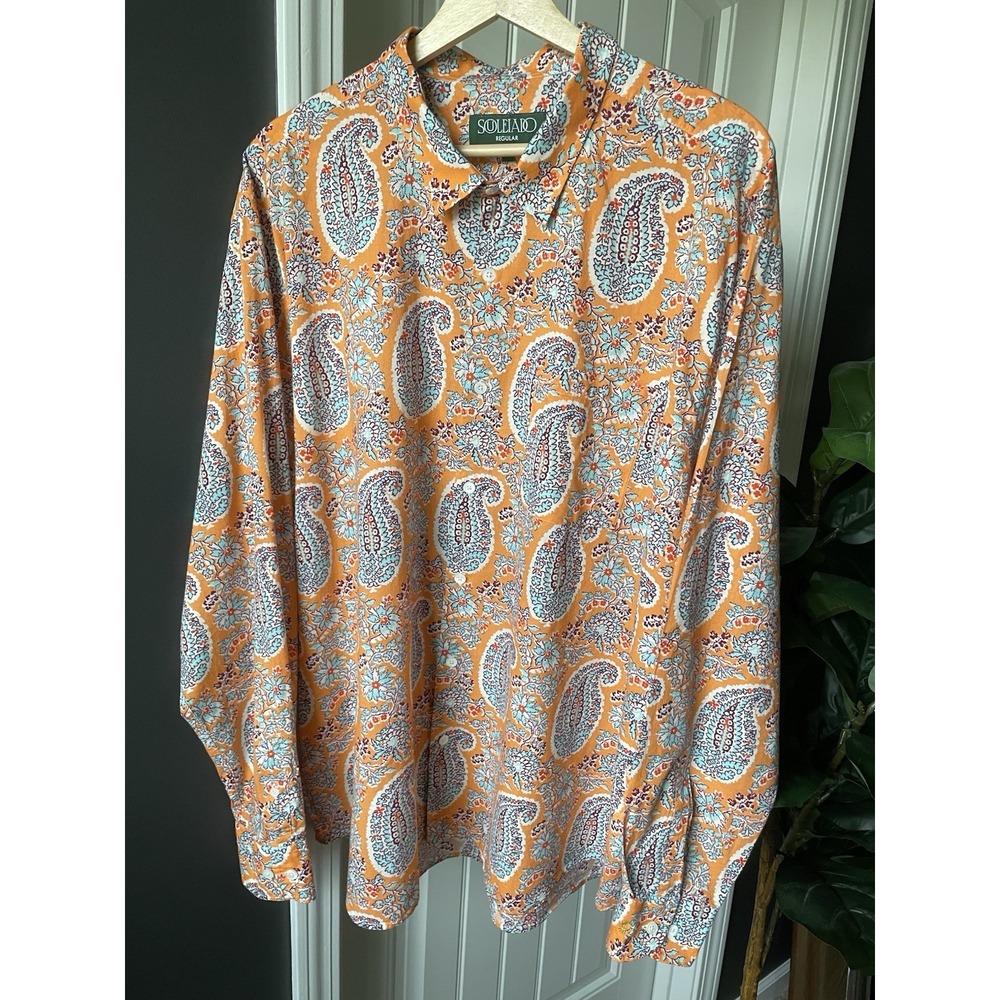 VTG Souleiado France Men 6/XXL Paisley Button Down Shirt Orange Blue Purple